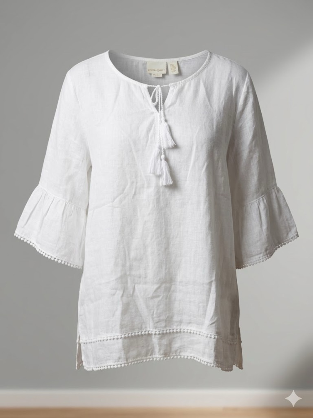 Cynthia Rowley 2X White 100% Linen Tunic Top Tassel Tie Plus Size Boho Coastal